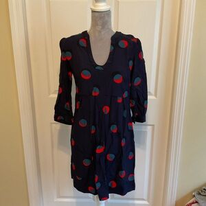 Boden Navy Dress with Red, Black, and Blue Circles
